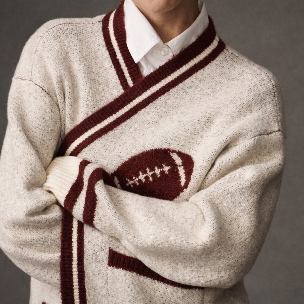 Anthropologie Flat White Game Day Football Cardigan Sweater | One Size NWT - Picture 4 of 10
